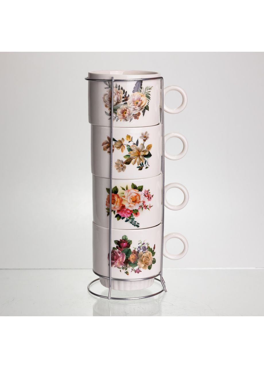 Набор чашек для чая и кофе на металлической подставке Flower 4 (шт) по 300 (мл) подарочный набор фарфоровых чашек FM-7 Yiwu (369654103)
