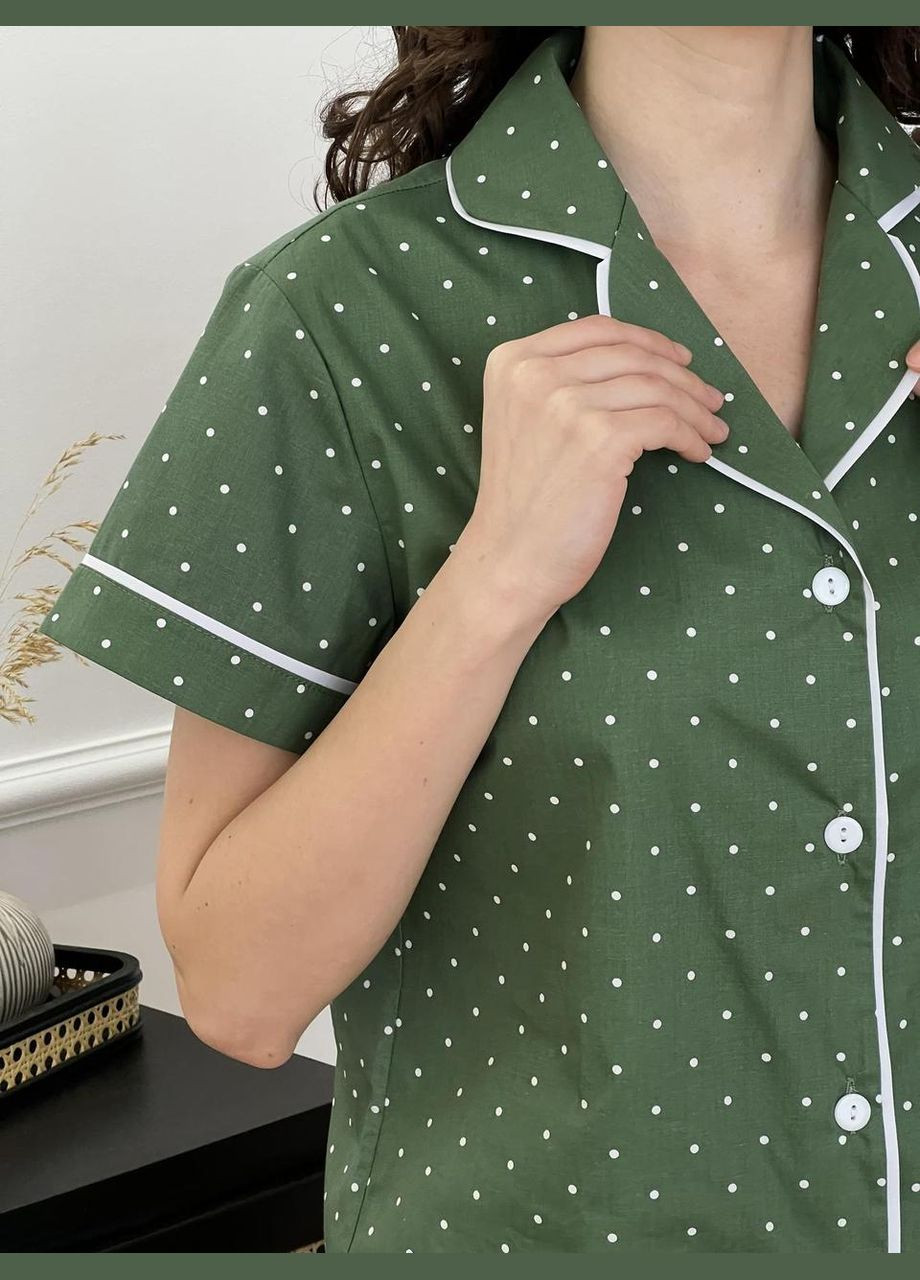 Зелена всесезон піжама домашня жіноча з сатину шорти + сорочка в горошок сорочка + шорти Cosy S520P