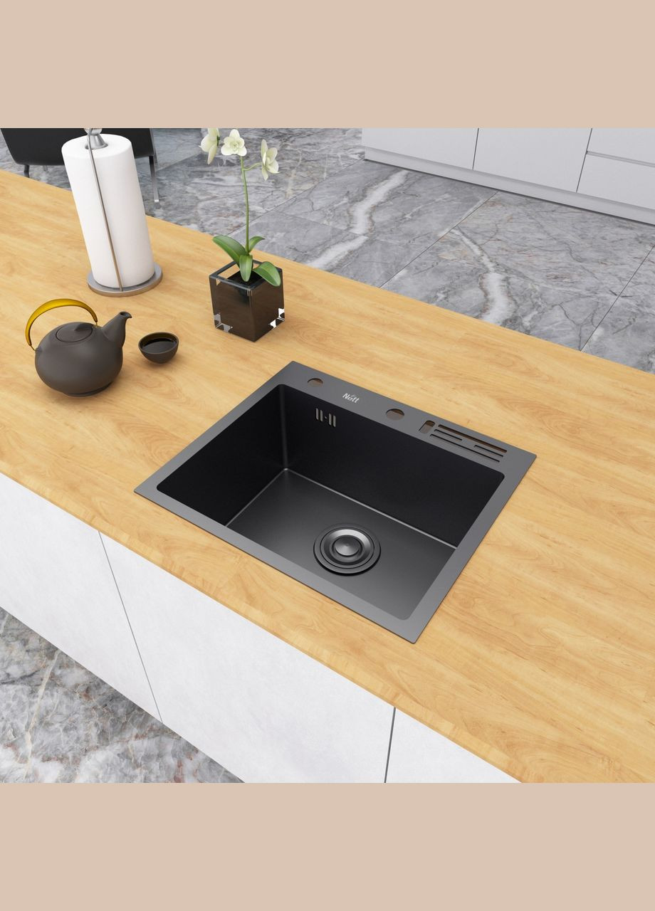Черная кухонная мойка 45 см накладная из нержавейки NВ-5245 Nett (336939077)