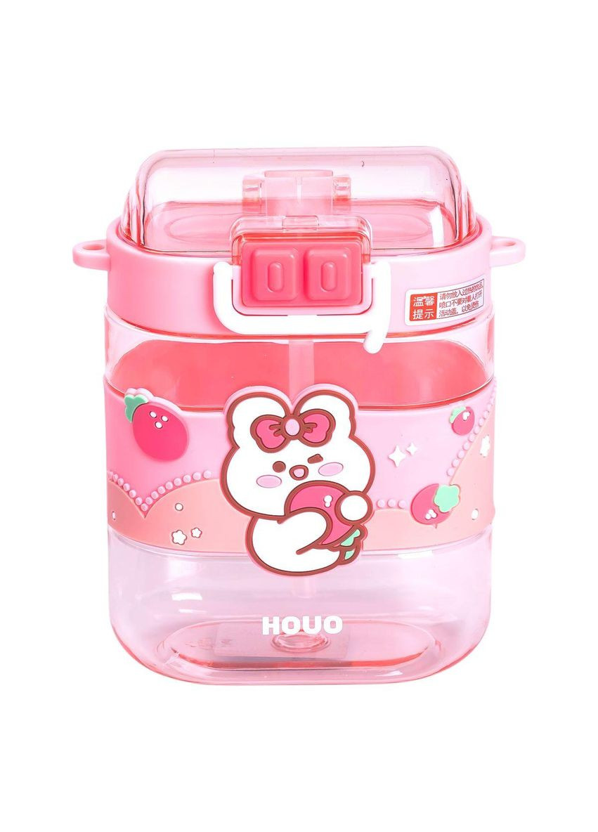 Пляшка для води дитяча з трубочкою та ремінцем 560 мл пляшечка для пиття в школу 15 см Рожева HP-14-36P Yiwu (351431203)