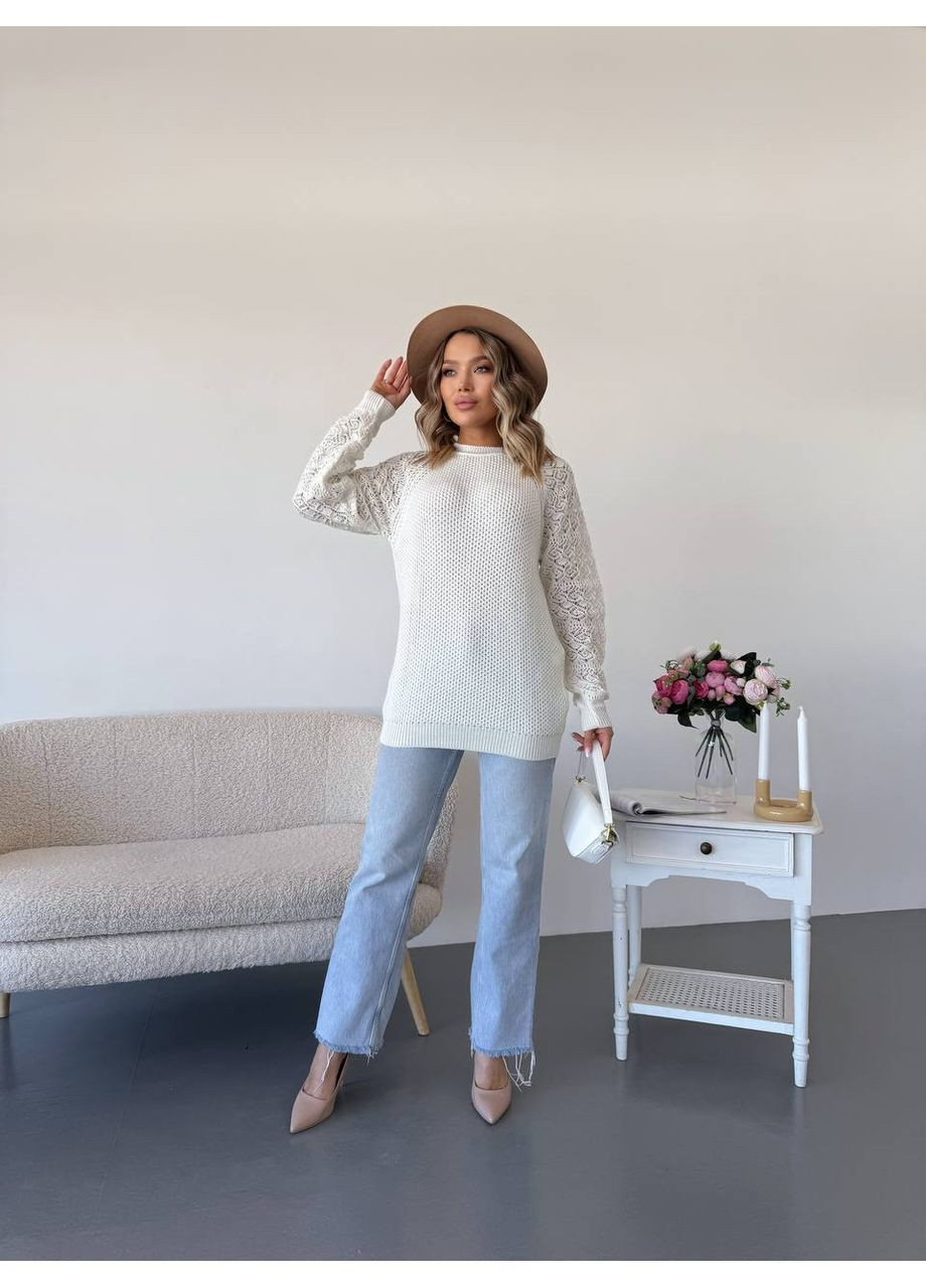 Молочный демисезонный женский свитер с ажурными рукавами джемпер No Brand