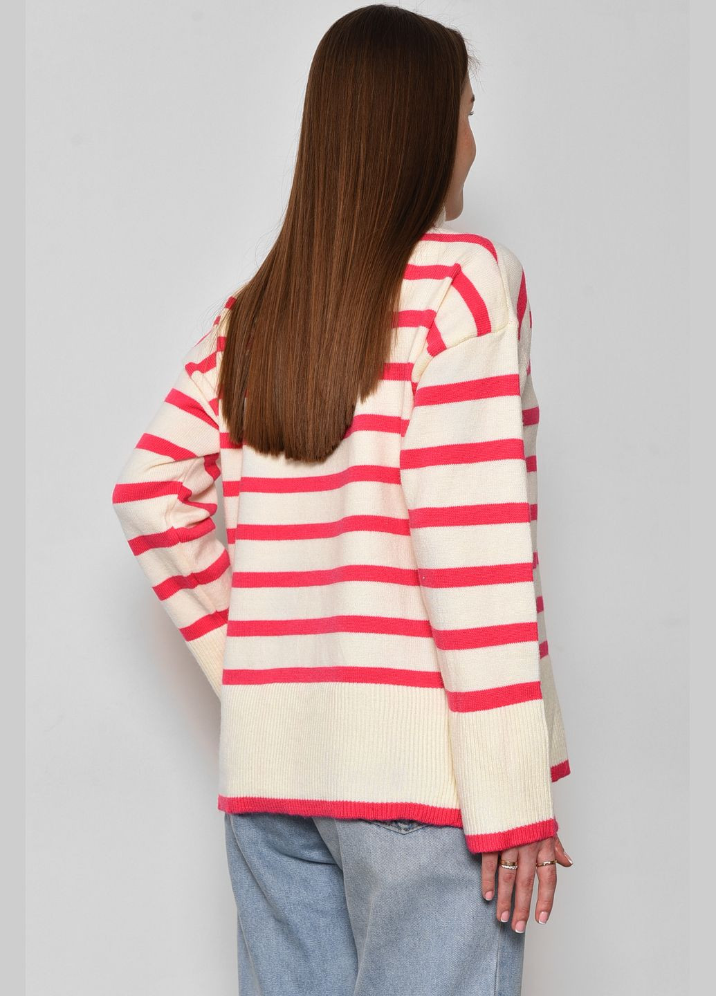Білий зимовий светр жіночий напівбатальний в смужку біло-рожевого кольору пуловер Let's Shop