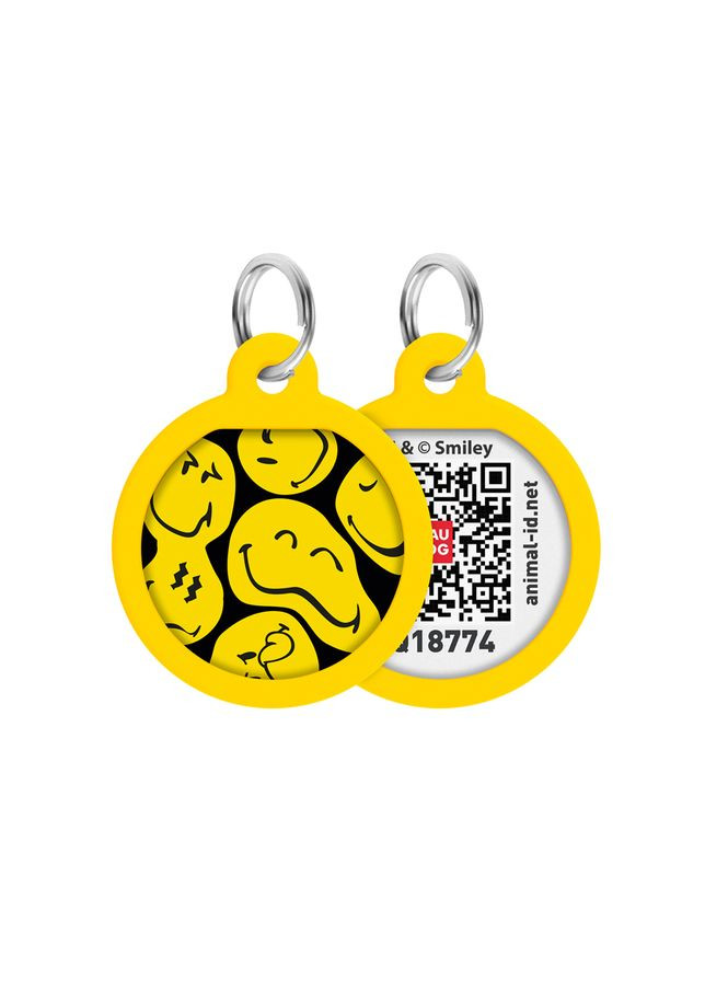 Адресник для собак металевий Smart ID з QR паспортом, малюнок "Смайли на чорному", коло, Д 25 мм WAUDOG (330245315)