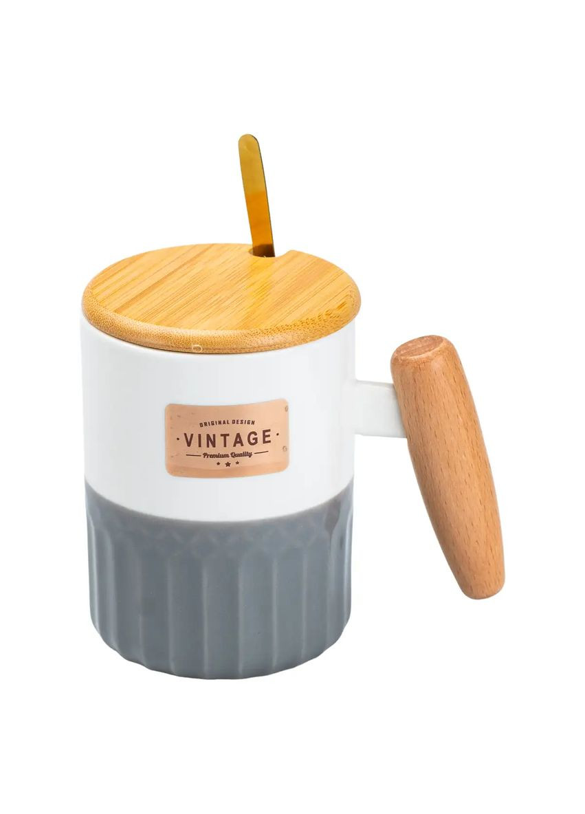 Чашка керамічна 400 мл Vintage з бамбуковою кришкою та ложкою, сірий з білим TS Kitchen (323160093)
