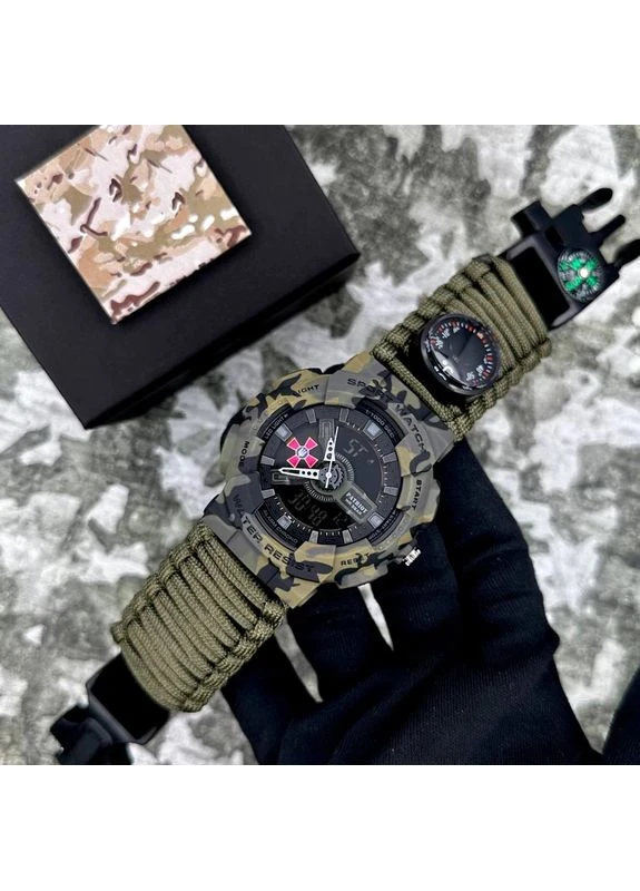 Наручные часы 005CMGRSU ВСУ Зеленый камуфляж Паракордовый ремешок Army Green + Коробка. Patriot (377734021)