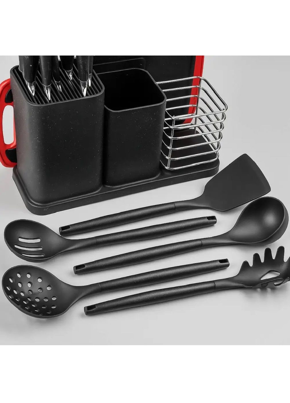 Комплект кухонных приборов девайсов из нержавеющей стали пластика с подставкой 14 предметов (480889-Prob) Черный Unbranded (347067437)