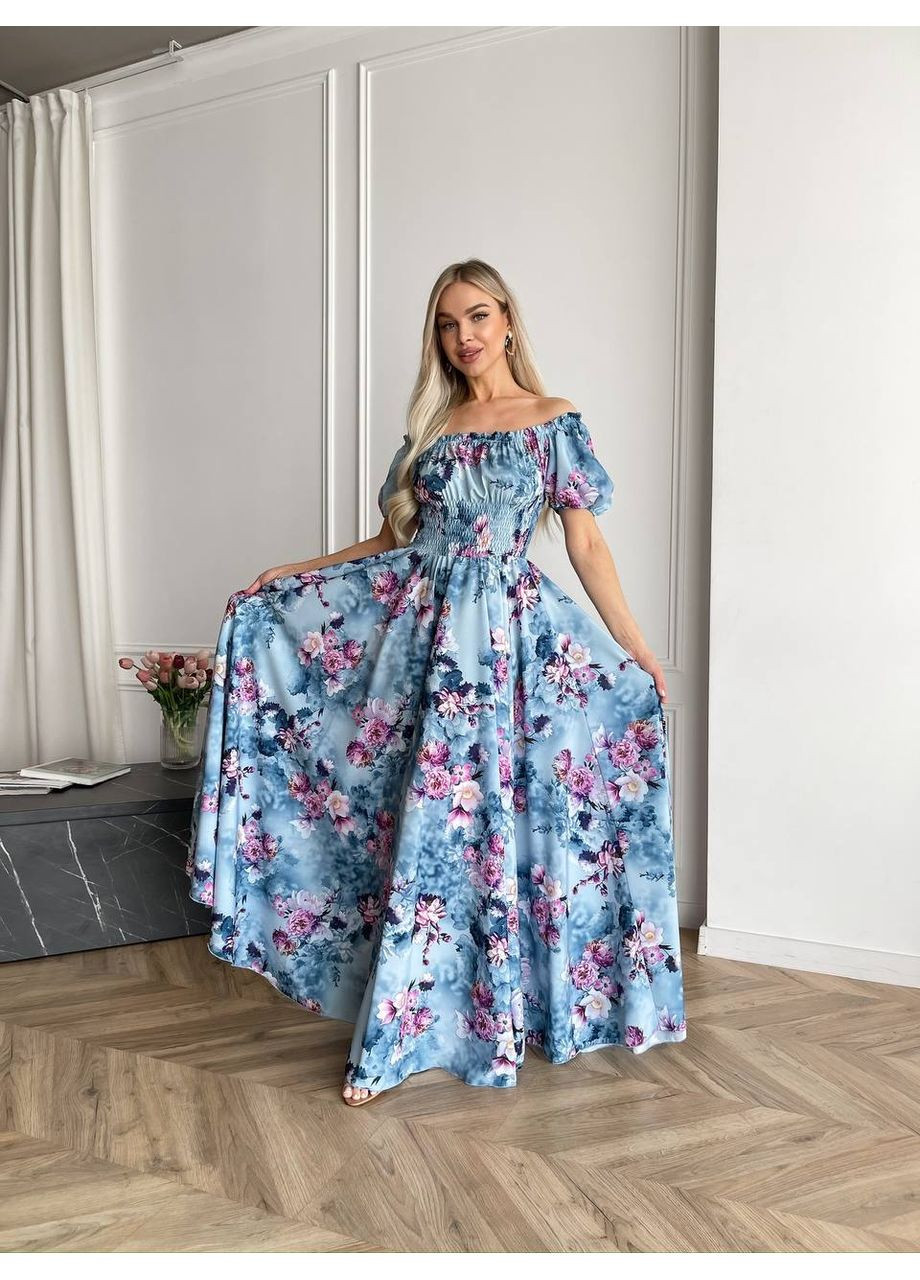 Блакитна святковий, повсякденний, вечірня, пляжна, кежуал жіноча довга сукня з відкритими плечима Vakko з квітковим принтом