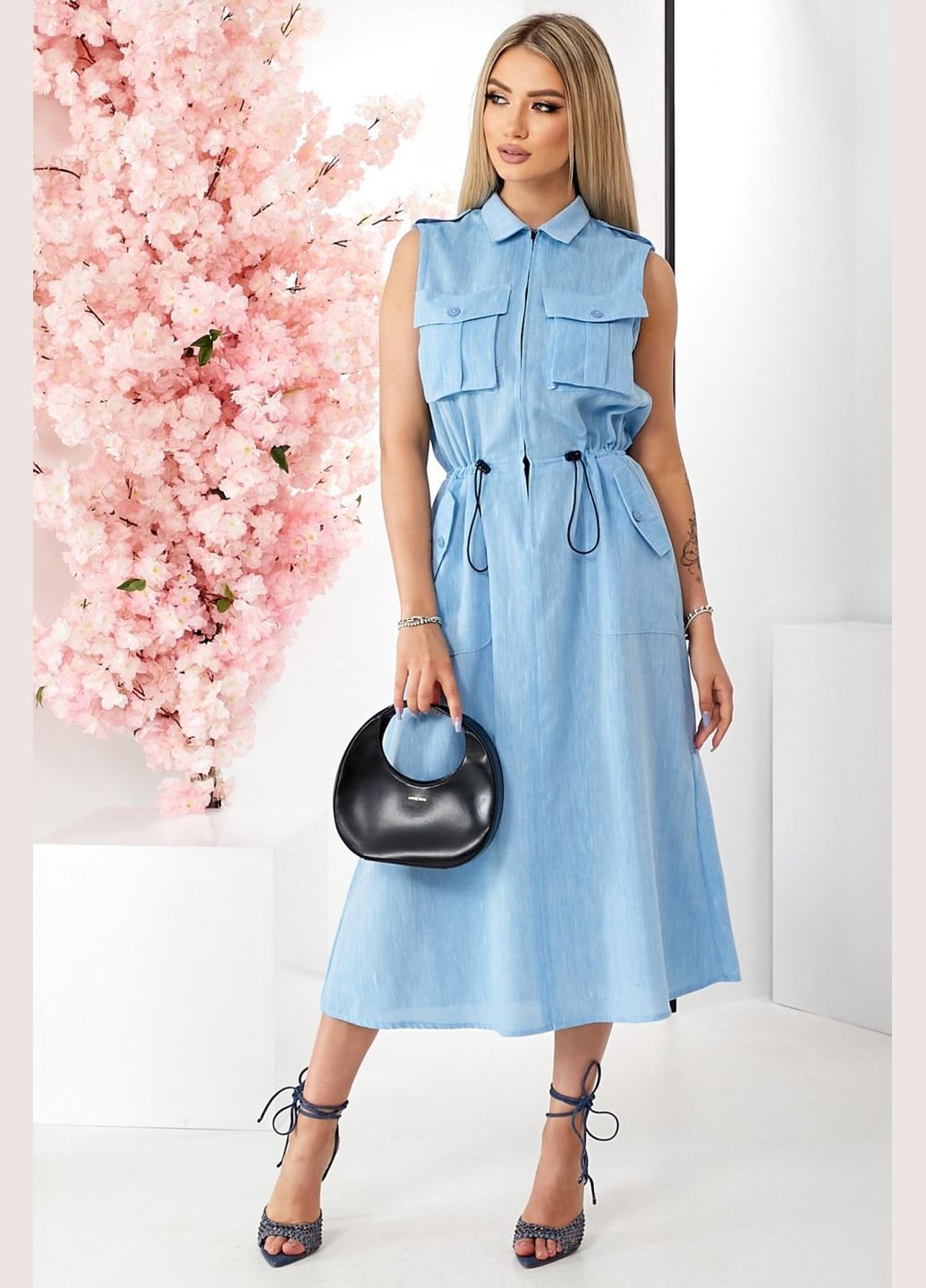 Голубое повседневный женское платье прямого кроя с карманами и поясом (ll228050069) LadyLike