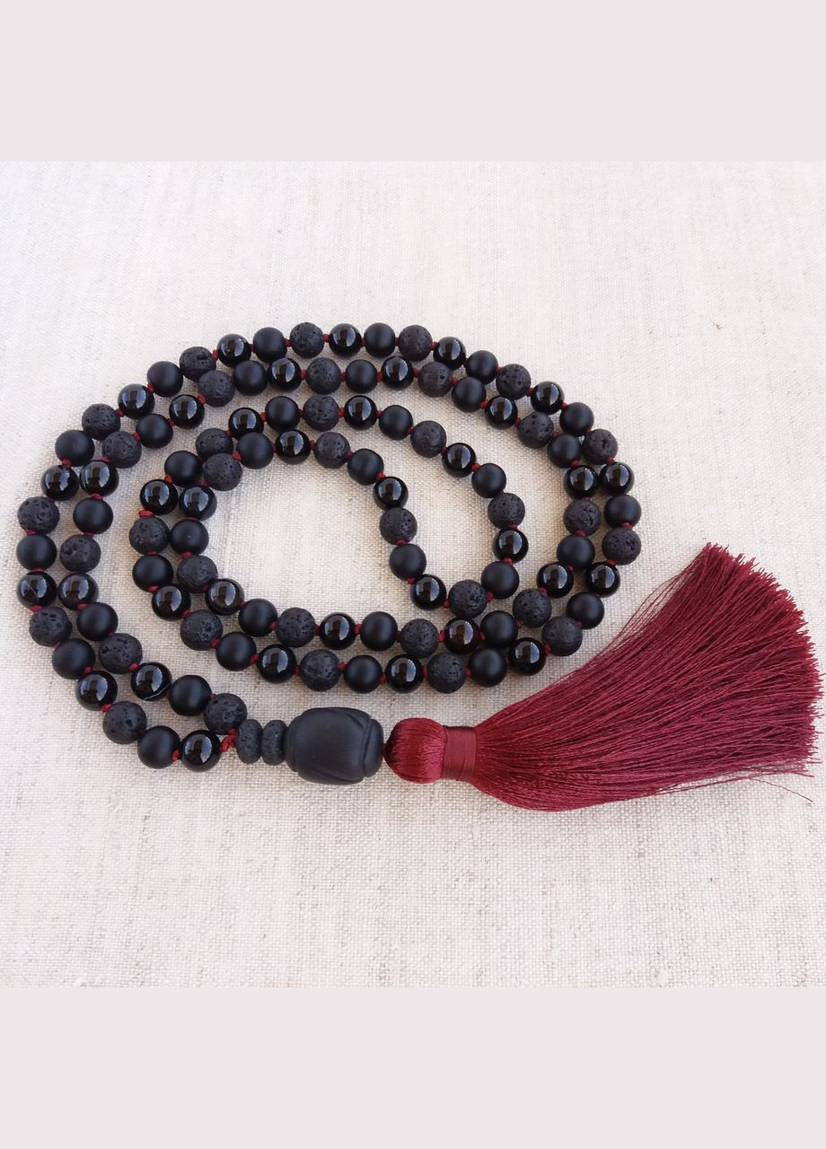 Чётки из натурального камня Черный агат Лава Оникс 108 бусин с узлами No Brand (336950754)