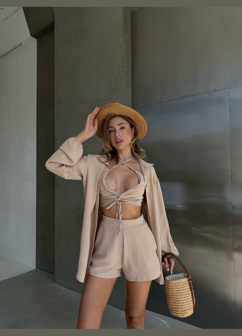 Летний бежевый открытый костюм тройка из качественной ткани,костюм в котором вы будете прекрасны в любое время No Brand 341-2 (297664993)