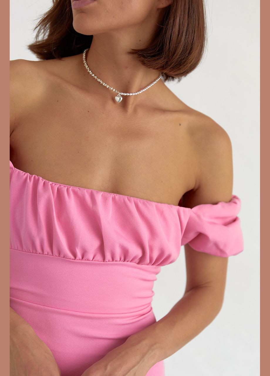 Розовое повседневный короткое платье со шнуровкой на спине 2461 Lurex однотонное
