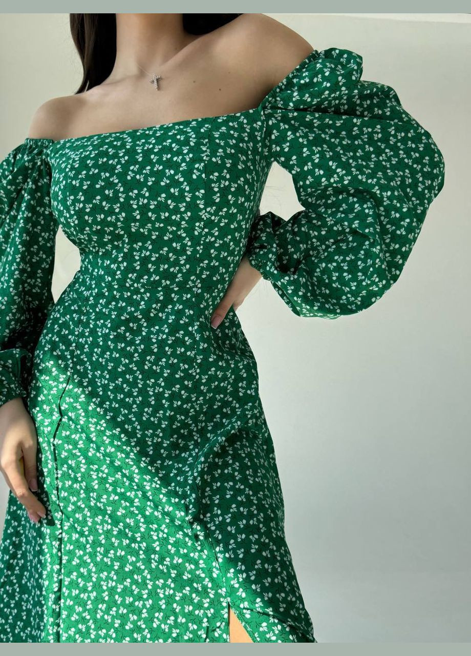 Зеленое нежное принтованное платье-макси с длинным рукавом и открытым декольте, летнее красивое зеленое платье No Brand с цветочным принтом
