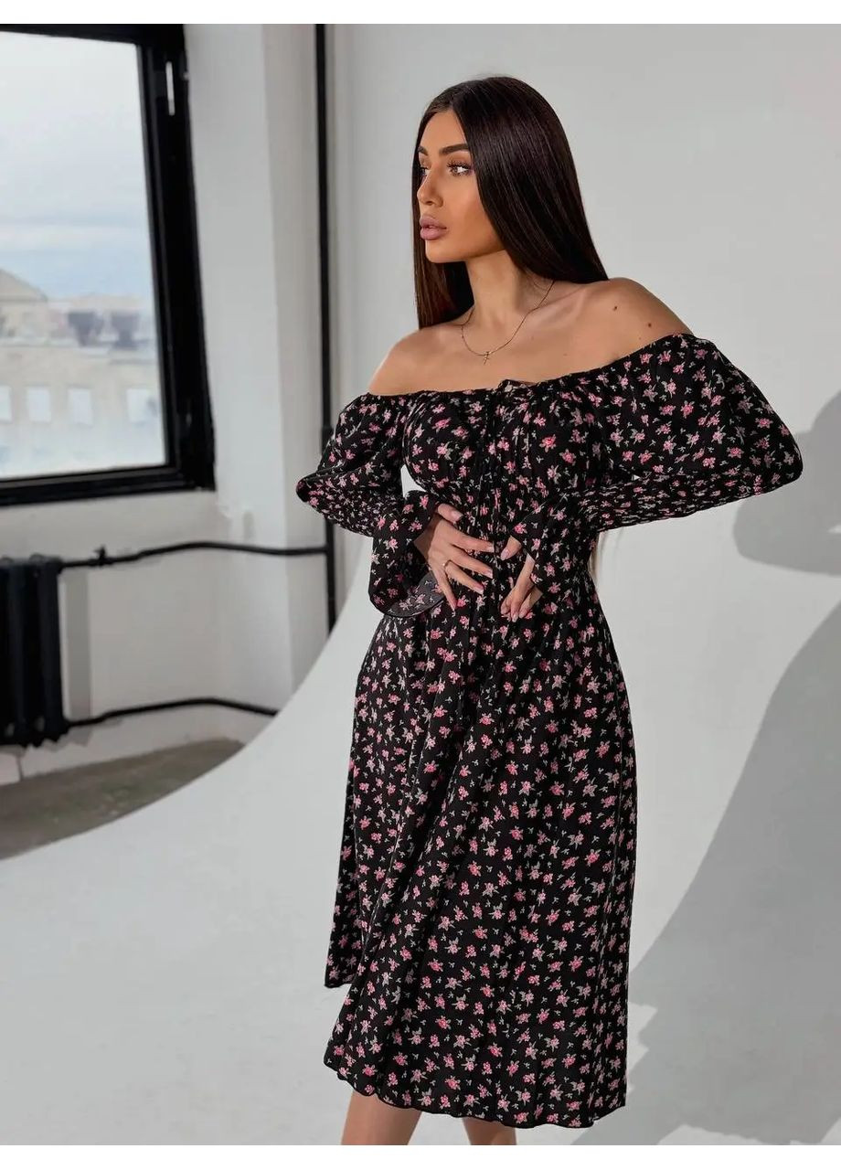 Червона cукня міді з принтом біла квітка на зеленому No Brand