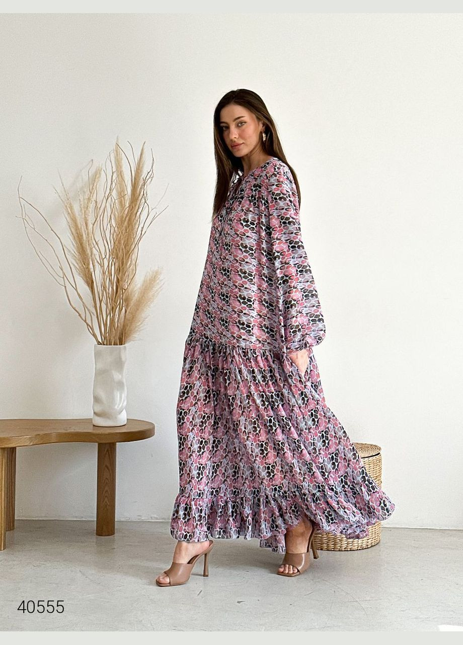 Сиреневое повседневный шифоновое платье макси Liton с абстрактным узором