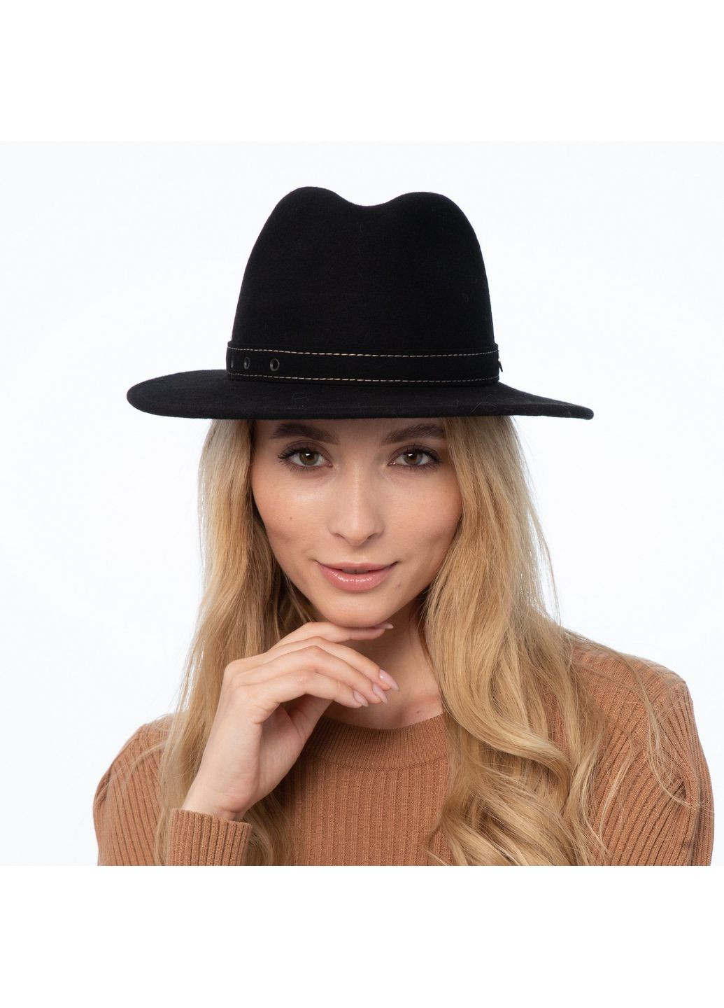 Капелюх федора жіночий з ремінцем фетр чорний МЕДОУ LuckyLOOK 653-314 (322791628)