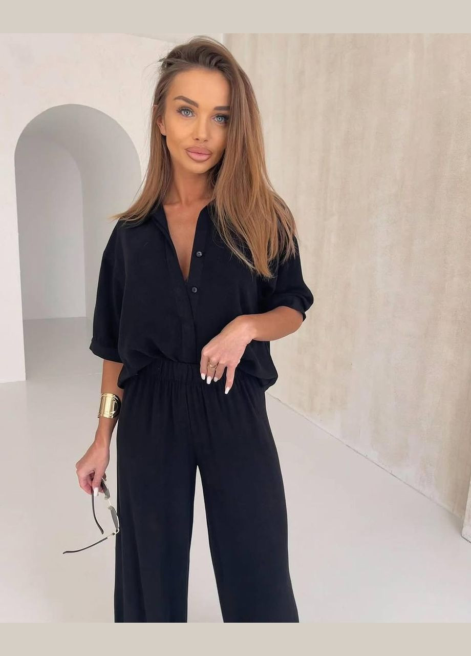 Льняний костюм двійка в чорному кольорі No Brand 349-1 (338537756)