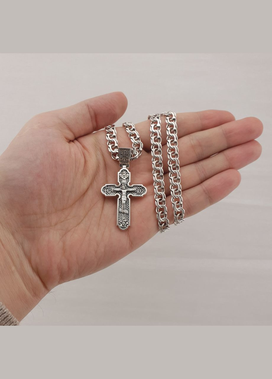 Комплект! Цепочка серебряная мужская на шею с крестиком. Широкая цепь бисмарк 60 см и крест серебро ZLATO (277979709)