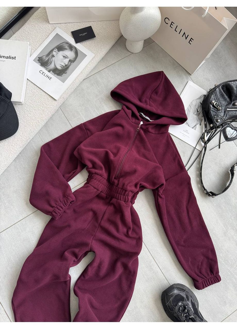 Жіночий комбінезон No Brand комбінезон-брюки однотонний бордовий повсякденний, кежуал фліс