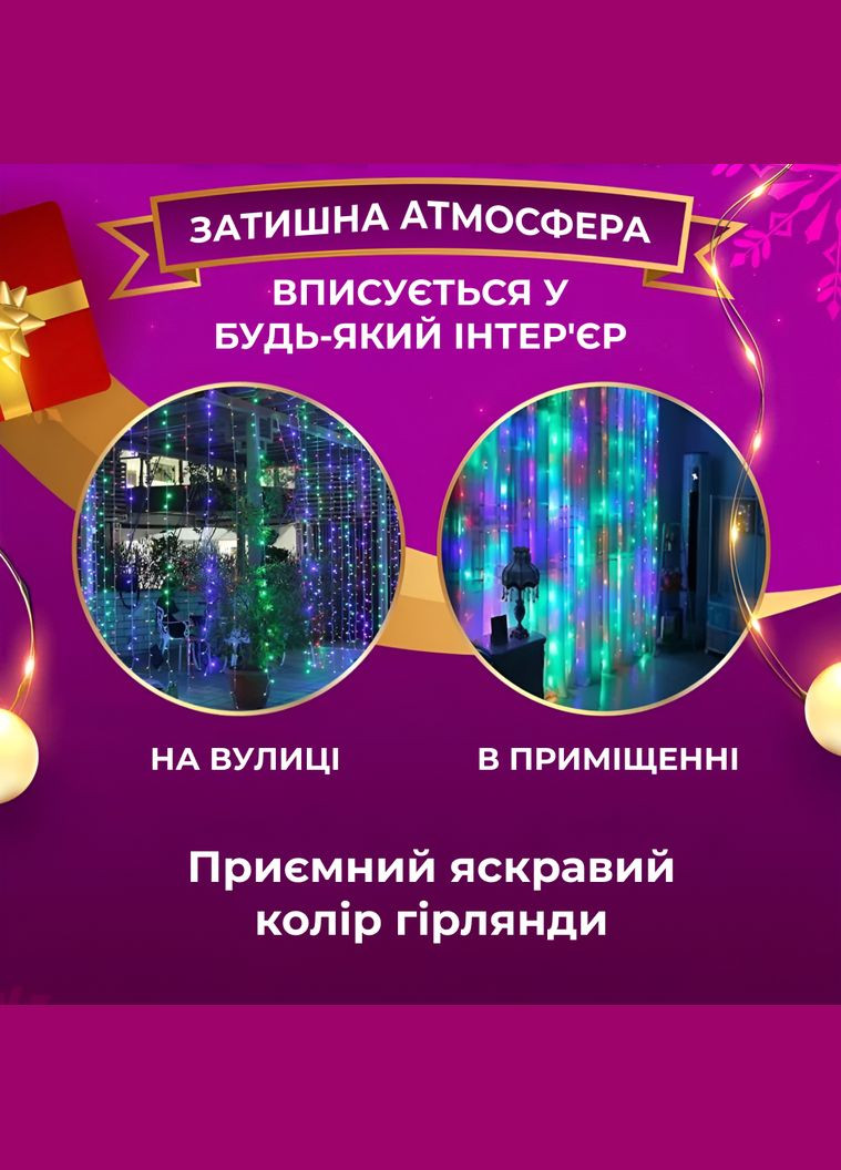 Гирлянда штора 2х2 м 240 LED светодиодная прозрачный провод 8 линий No Brand ZWM2240LEDML (299239601)
