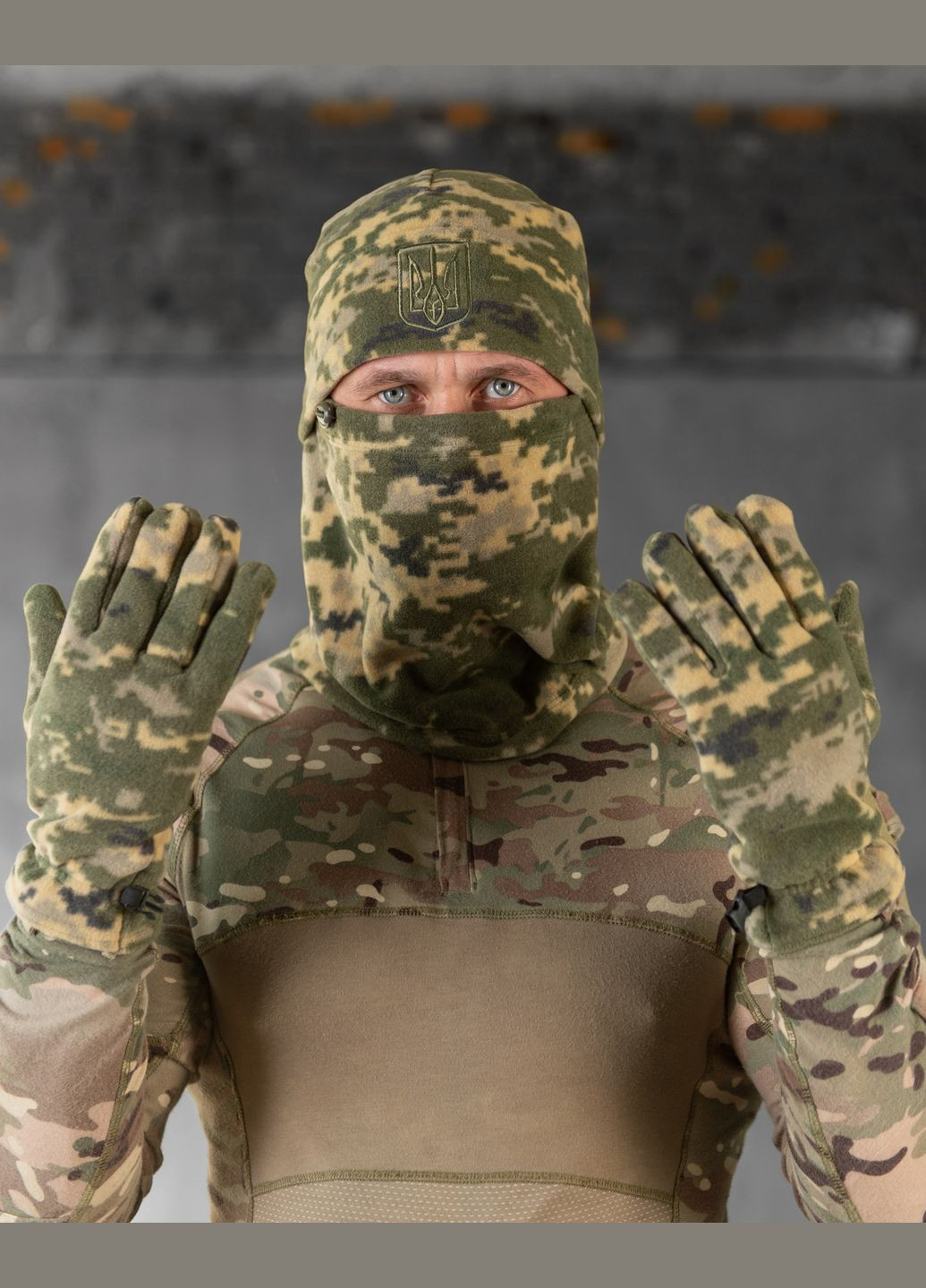 Тактический комплект шапка + баф + перчатки на флисе пиксель No Brand (307084063)