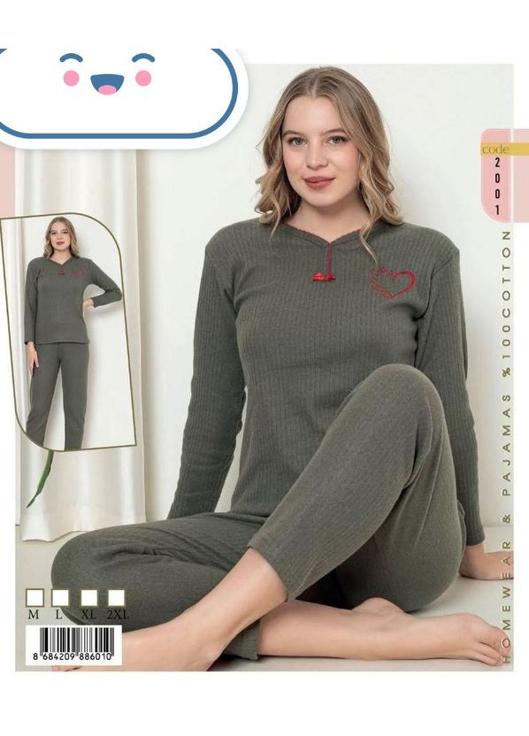 Оливковая (хаки) всесезон женская пижама интерлок кашемир лонгслив + брюки No Brand