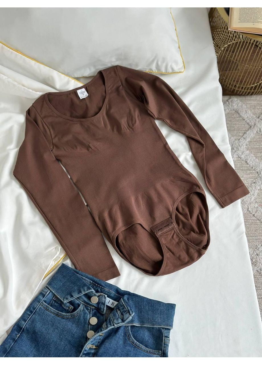 Коригуючий боді із довгими рукавами, Боді коричневе ріб з округлим вирізом. Класичне боді з м’якої тканини No Brand (366571702)