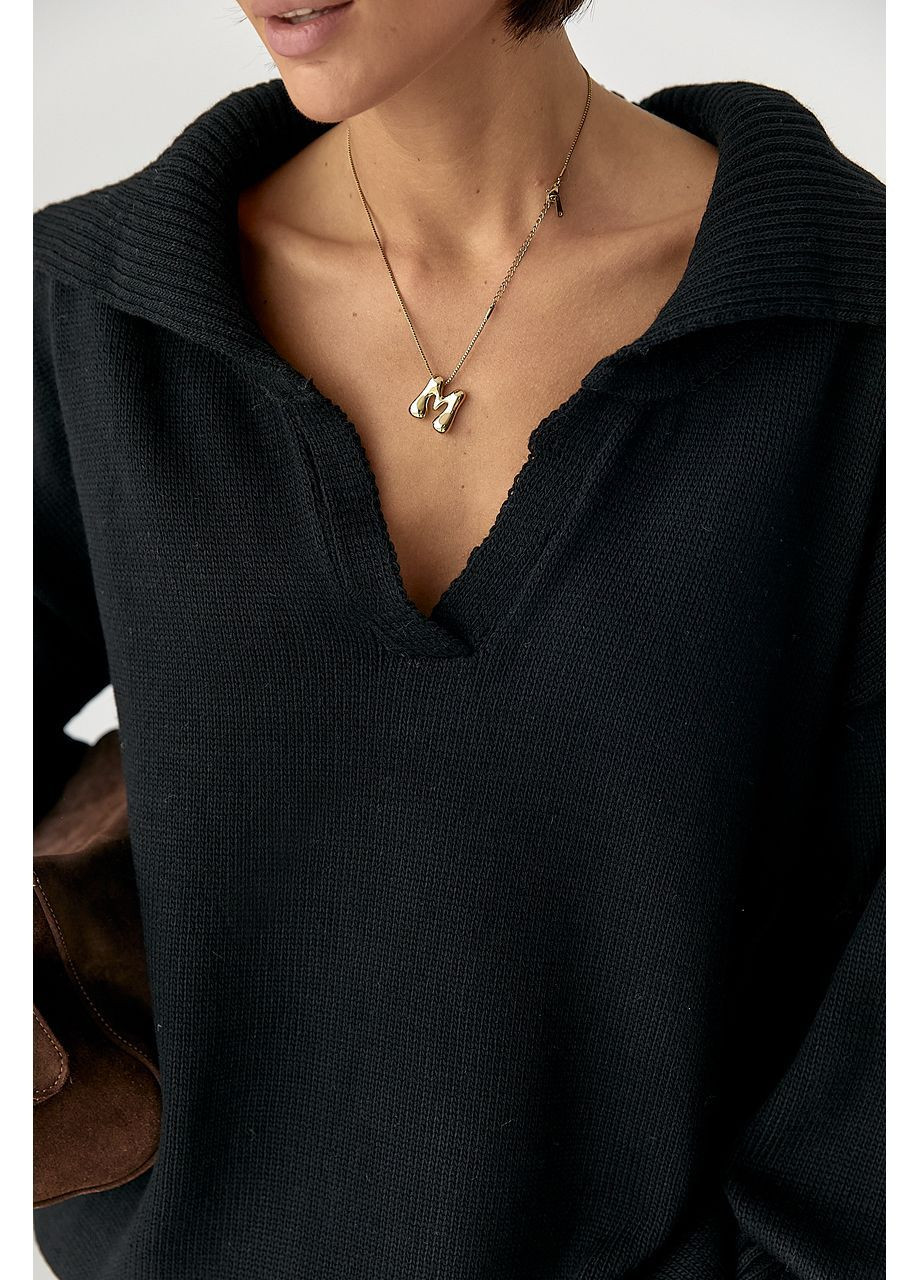 Черный зимний вязаный свитер-поло свободного кроя - черный цвет Lurex