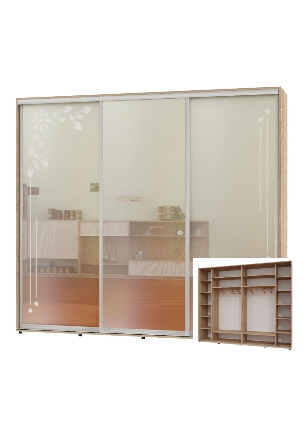 Шафа-купе тридверна 300*60*230 Дуб Сонома 2 Дзеркала з піскострумним малюнком/Дзеркало Люкс-149 Алекса (360457964)