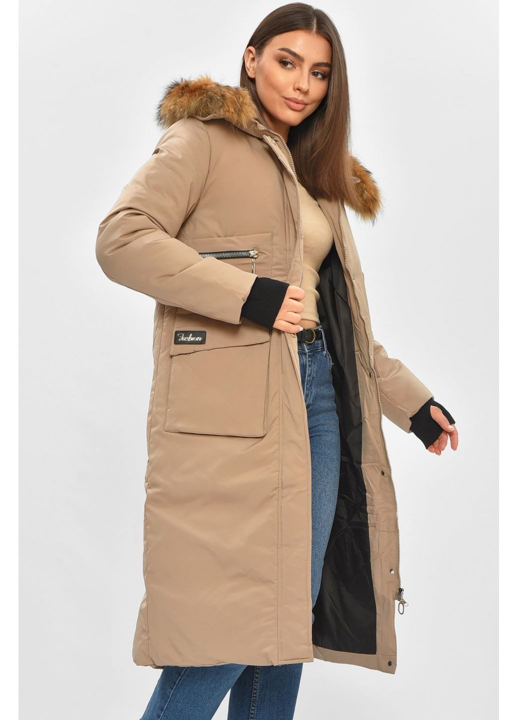 Бежева зимня куртка жіноча подовжена зима бежевого кольору Let's Shop