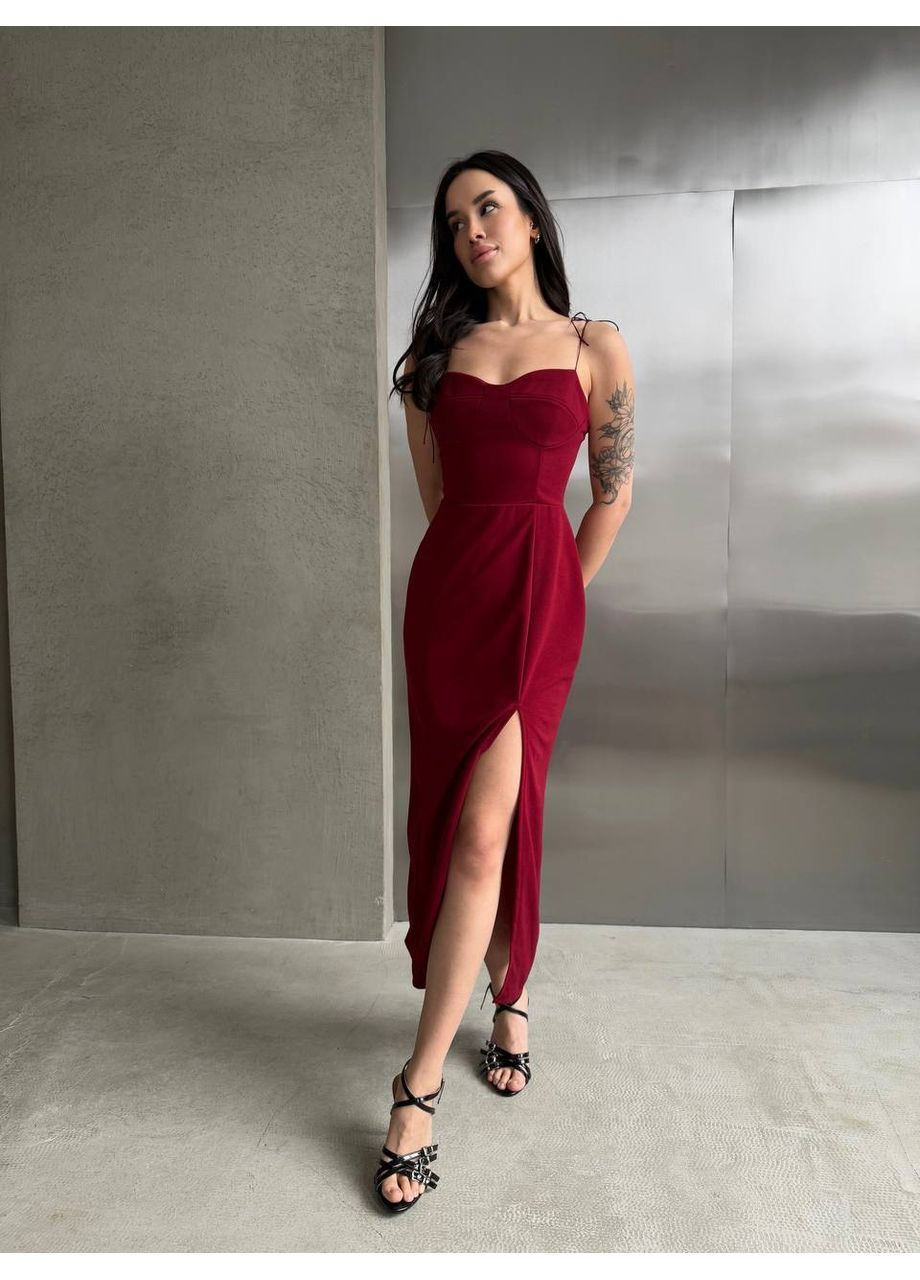 Бордова повсякденний, вечірня, кежуал жіноча сукня з відкритими плечима No Brand однотонна