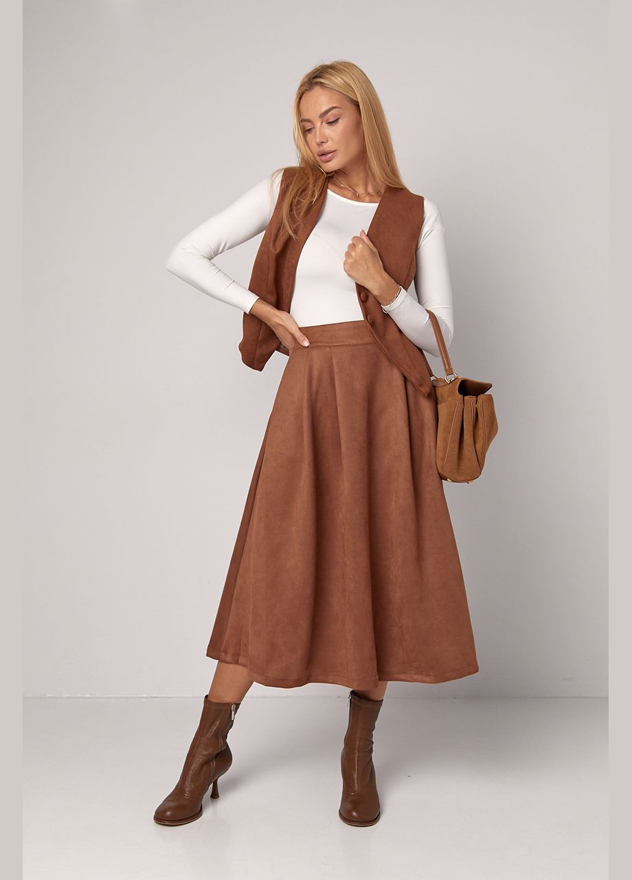 Коричневая откровенный замшевая пышная юбка миди - темно-коричневый Lurex
