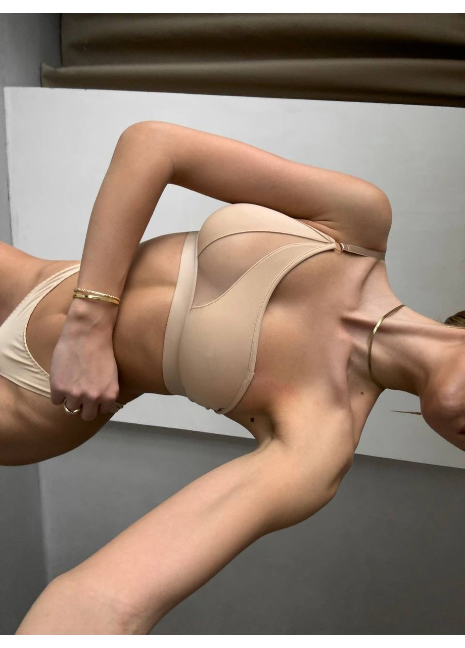 Бежевий мінімайзер комплект білизни "urban touch" | м'який топ з застібкою, трусики з високою посадкою, бежевий Vital-Textile без кісточок поліестер