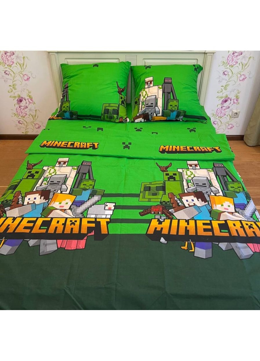 Детское постельное белье полуторное зеленое Minecraft Бязь Голд 618417 Ananasko (366959159)