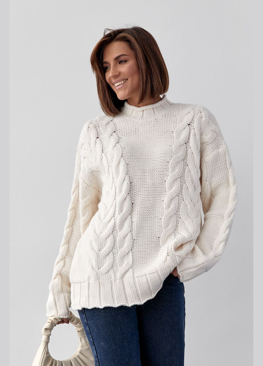 Молочный зимний вязаный свитер с косами oversize 231198 Lurex