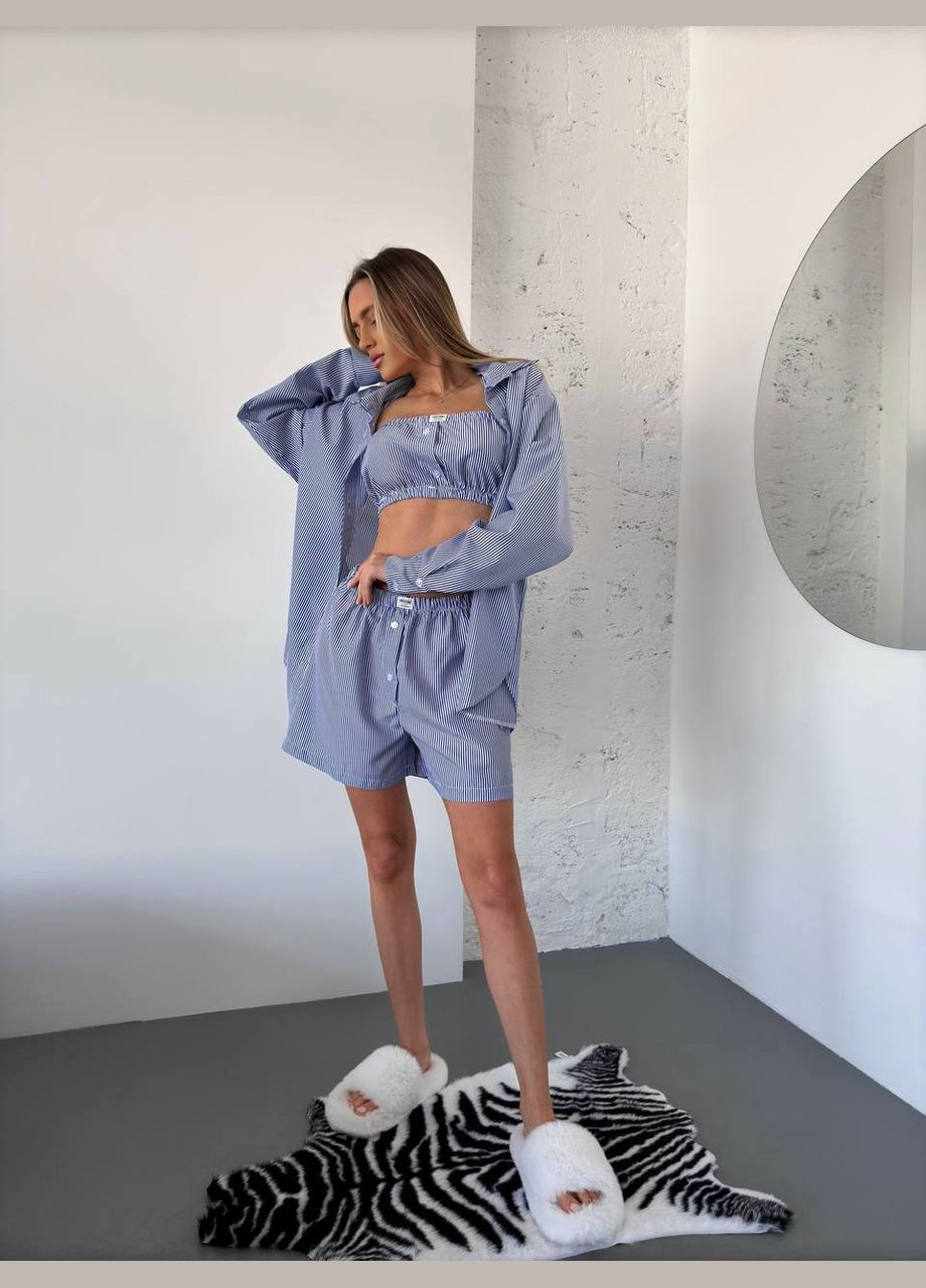 Домашній комплект трійка (шорти+сорочка+топ) у смужку синього кольору 31557 No Brand (323643430)