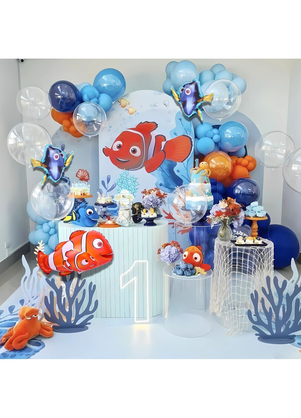 Набор 80 шаров для фотозоны В поисках Немо Подводная фантазия с баблс Голубой и оранжевый No Brand (360559958)