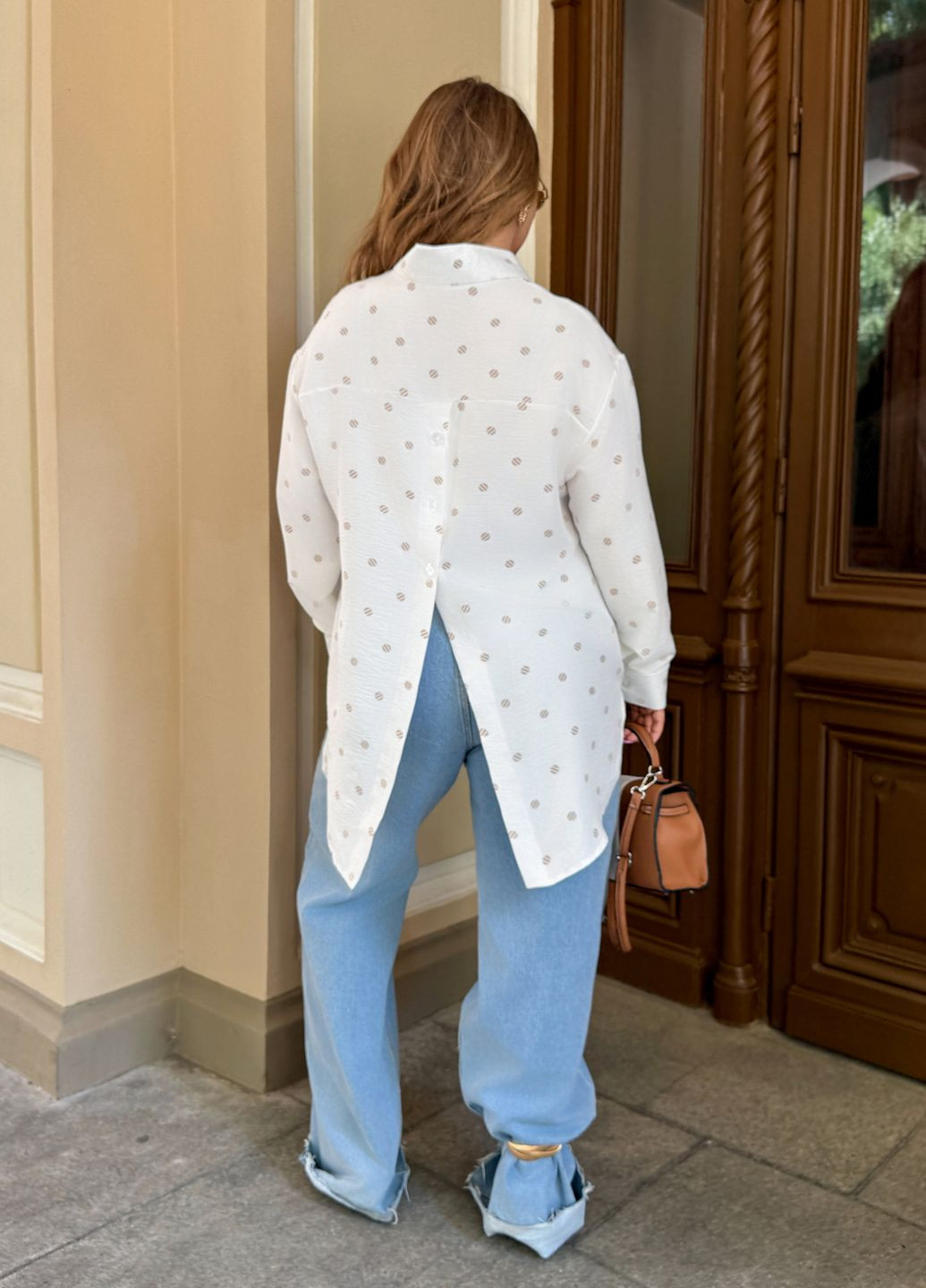 Молочная повседневный, кэжуал рубашка в горошек No Brand с длинным рукавом