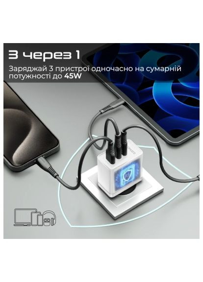 Зарядное устройство (Powerport-45.white) Promate powerport-45 2xUSB-C PD + USB-A QC 45W White (369878140)
