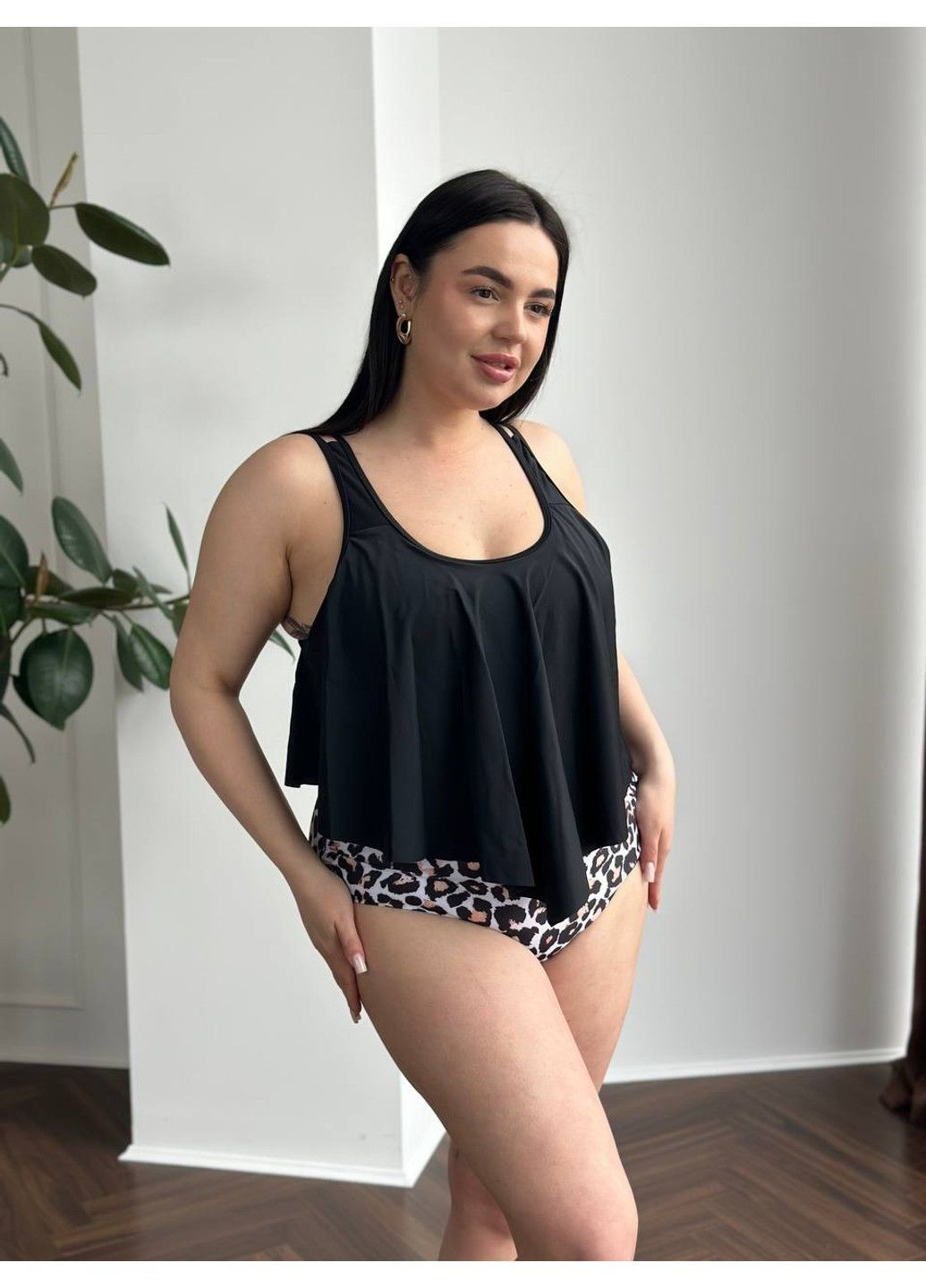 Чорний літній купальник роздільний ordinary з високою талією чорний з леопардовим топ, роздільний No Brand