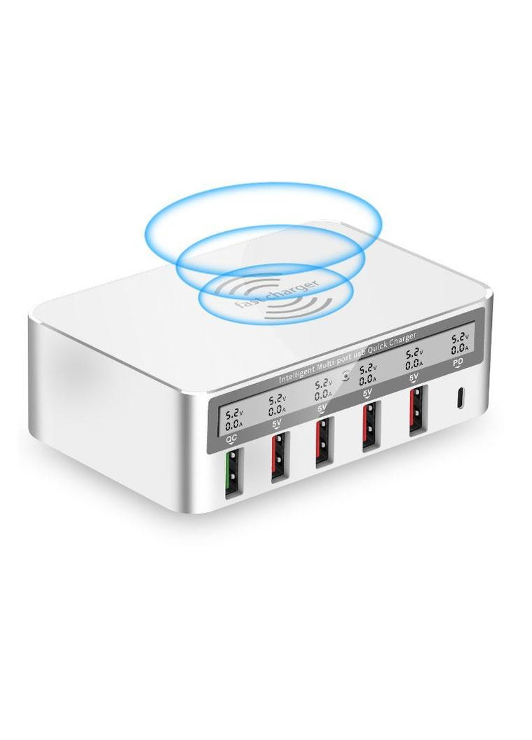 Зарядное устройство WLX-818PF 100W 1xUSB QC3.0 / 4xUSB / 1xPD Type-C / беспроводная зарядка Qi 10W - White Primo (262296130)