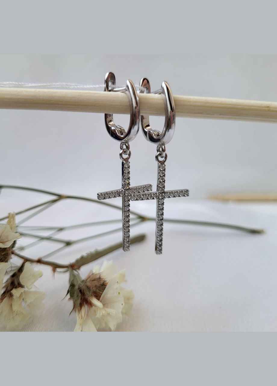 Серебряные сережки с подвеской Крест в белых Камнях серебро 925 пробы Родированное 1293с 3.64г No Brand (306743475)