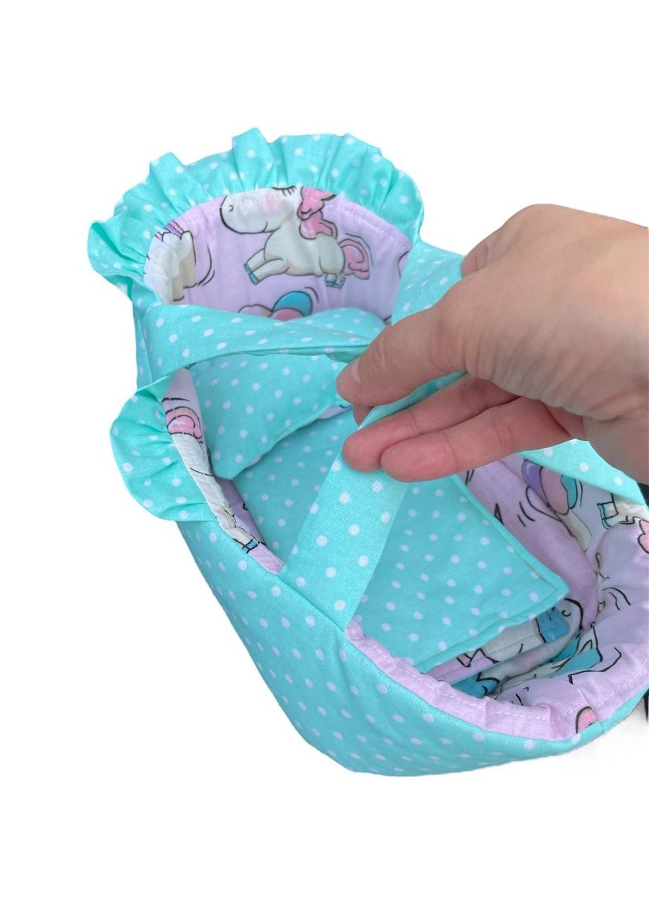 Колиска для ляльки до 22 см м'ятна с рожевими одноріжками 403 No Brand колиска ліжечко переноска (347637759)