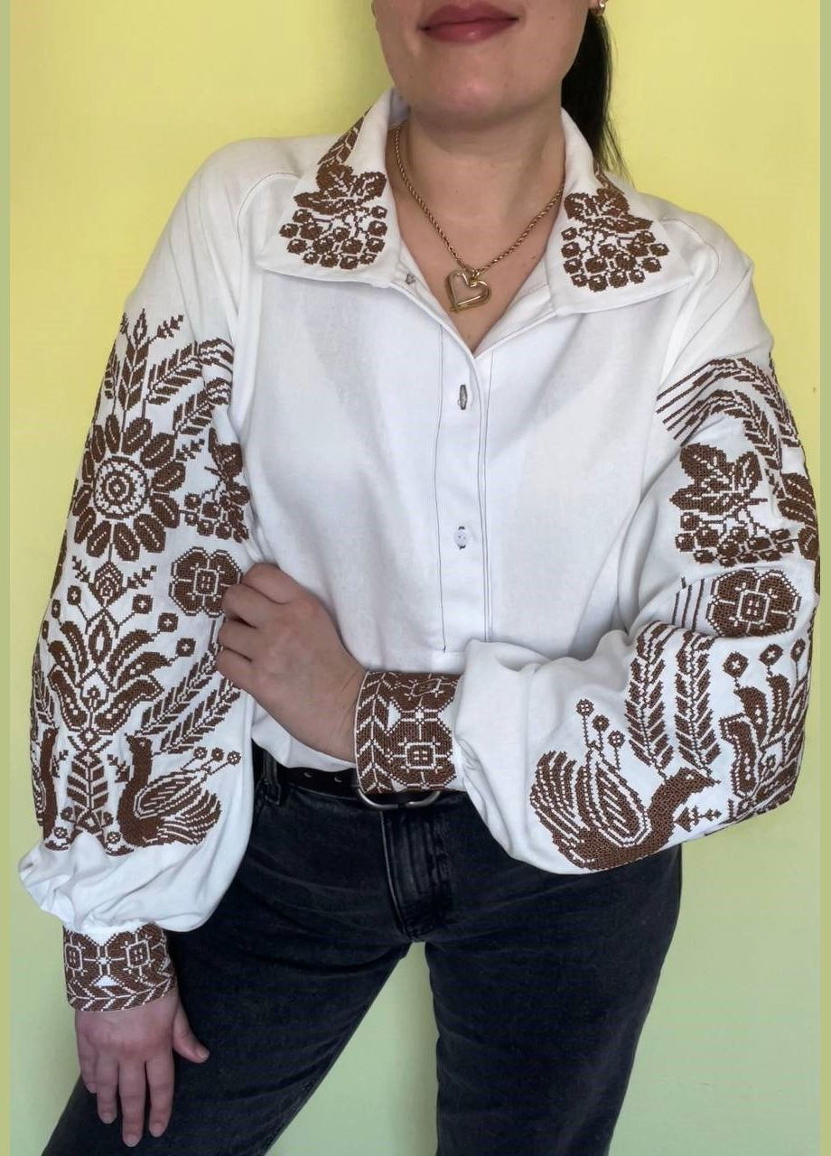 Молочна вишукана жіноча вишиванка льон, традиційний стиль та сучасна елегантність - вишитий комір та розкішні рукави! візерунок орнамент приталена, вільна, пряма льон (322650228)