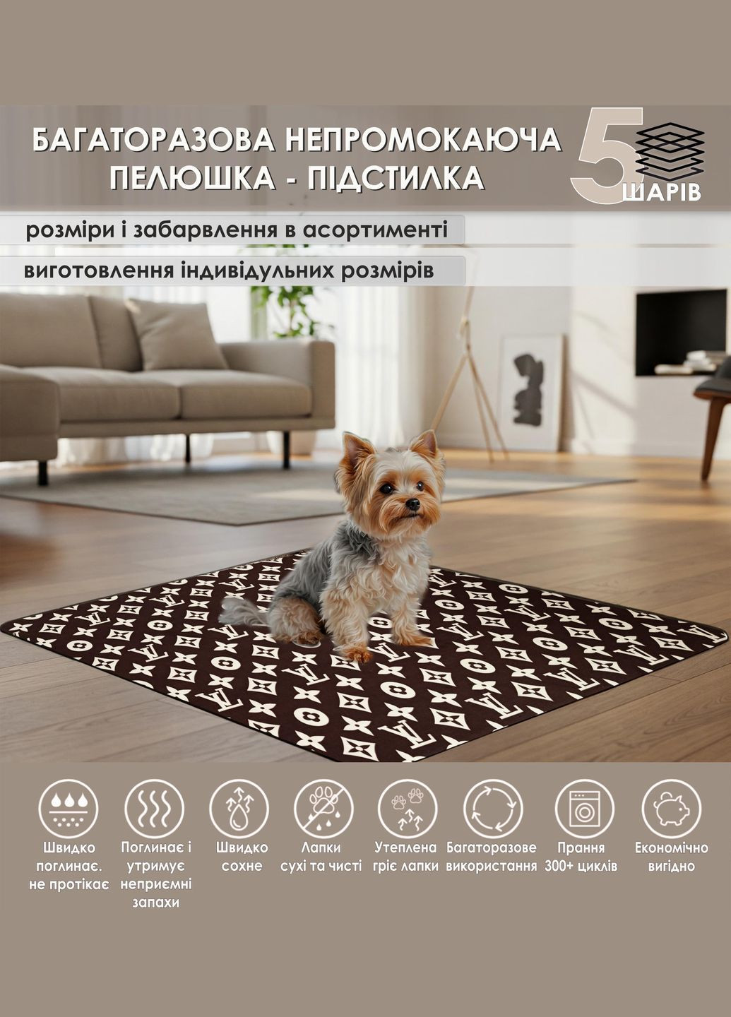 Багаторазова пелюшка 60х75 см туалет для собак непромокаюча, антизапах (5004032) Giselle Багаторазова пелюшка для собак поглинаюча (341828452)