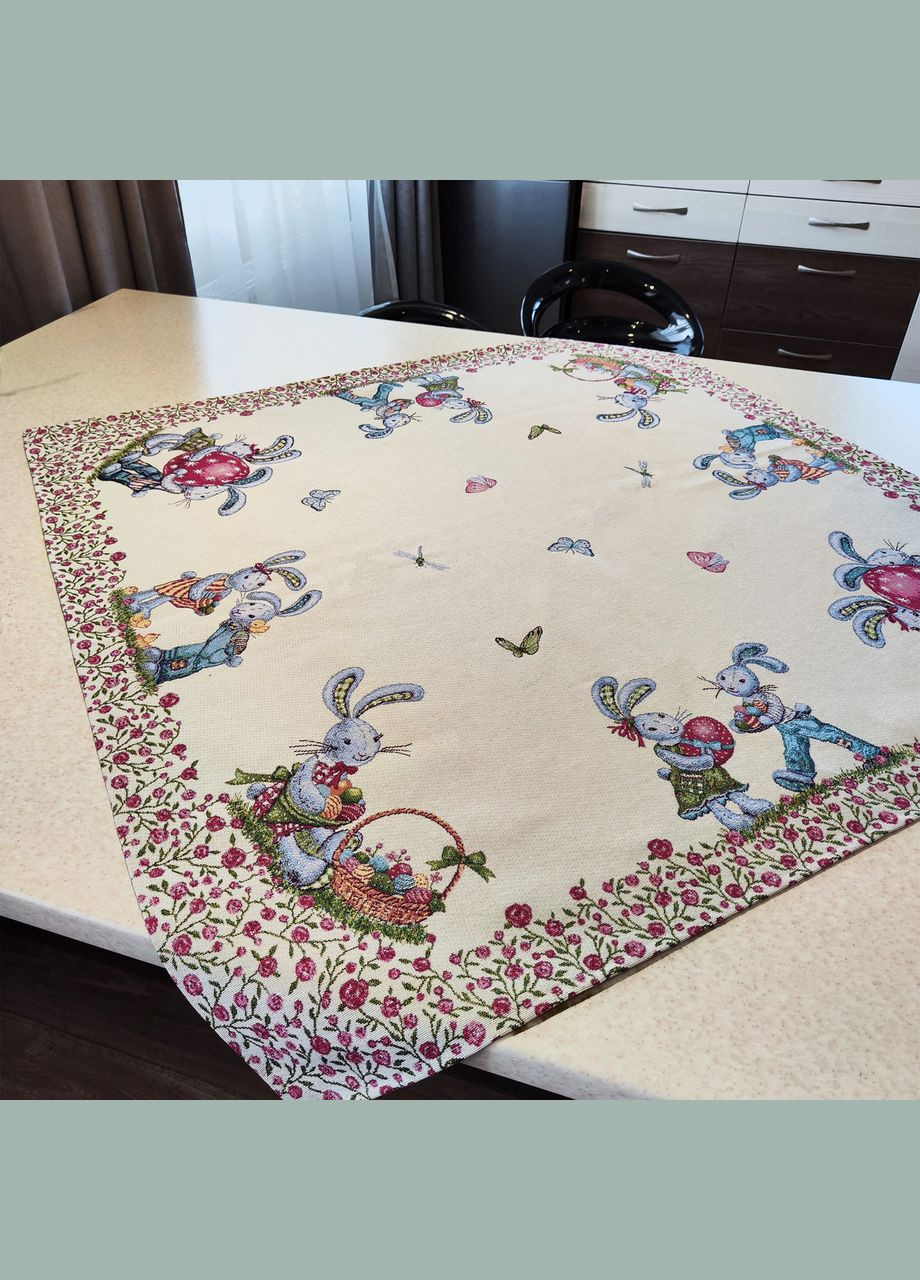 Пасхальна гобеленова скатертина для маленького круглого чи квадратноно столу з великодніми кроликами Maystat (305390573)
