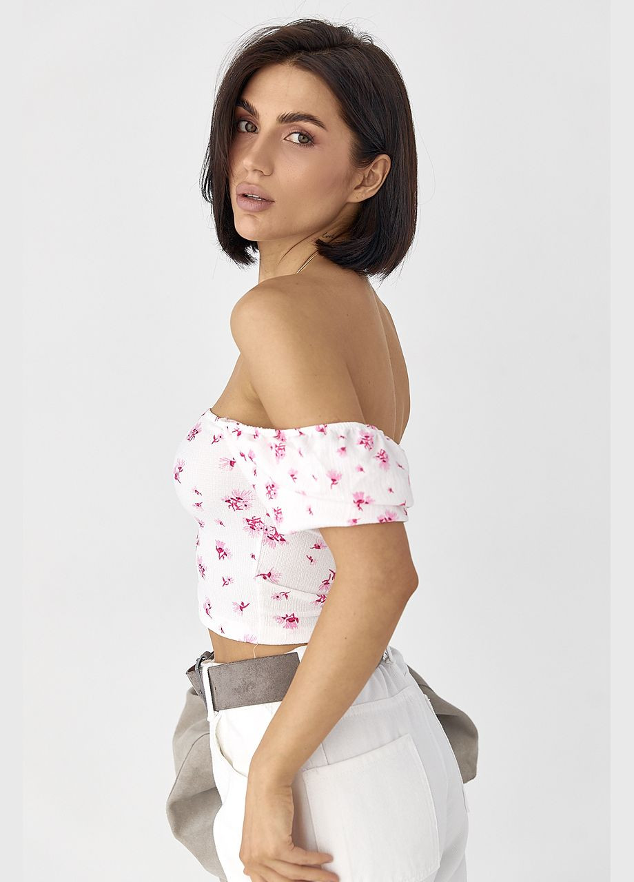 Біла блуза-топ у квіточку з рукавами-ліхтариками Lurex