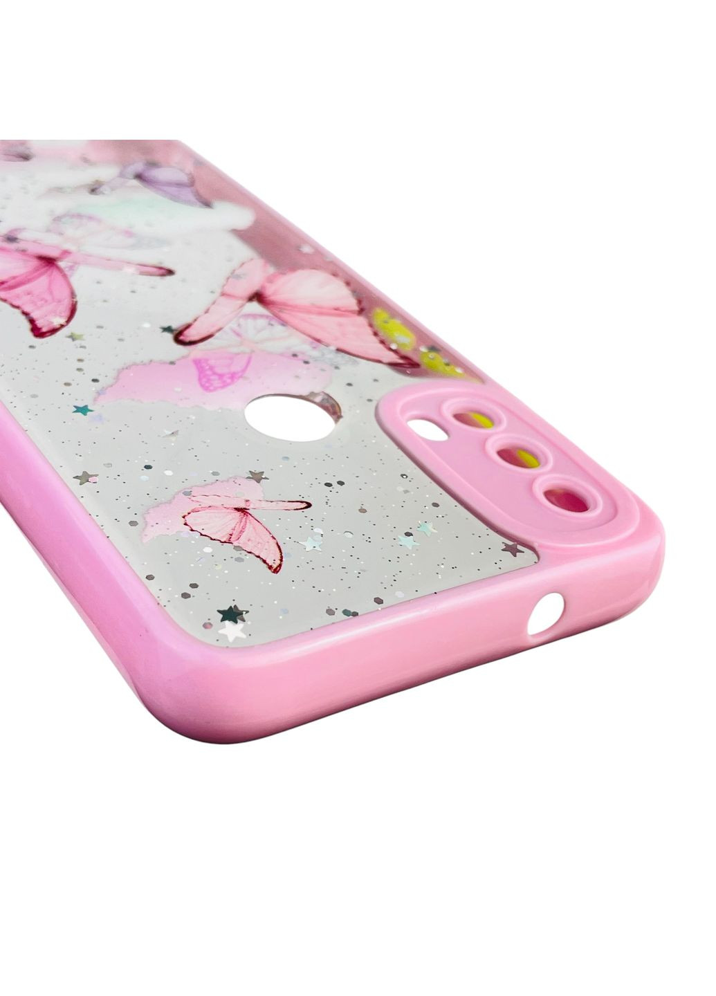 Чохол для Moto E20 з блискітками з метеликами на моторола е20 рожевий Motorola (366390827)