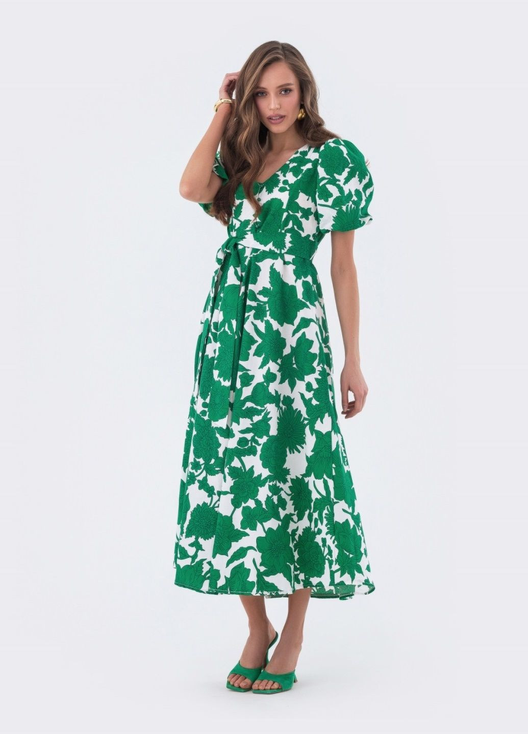 Зелена сукня із зеленим принтом та короткими рукавами Dressa