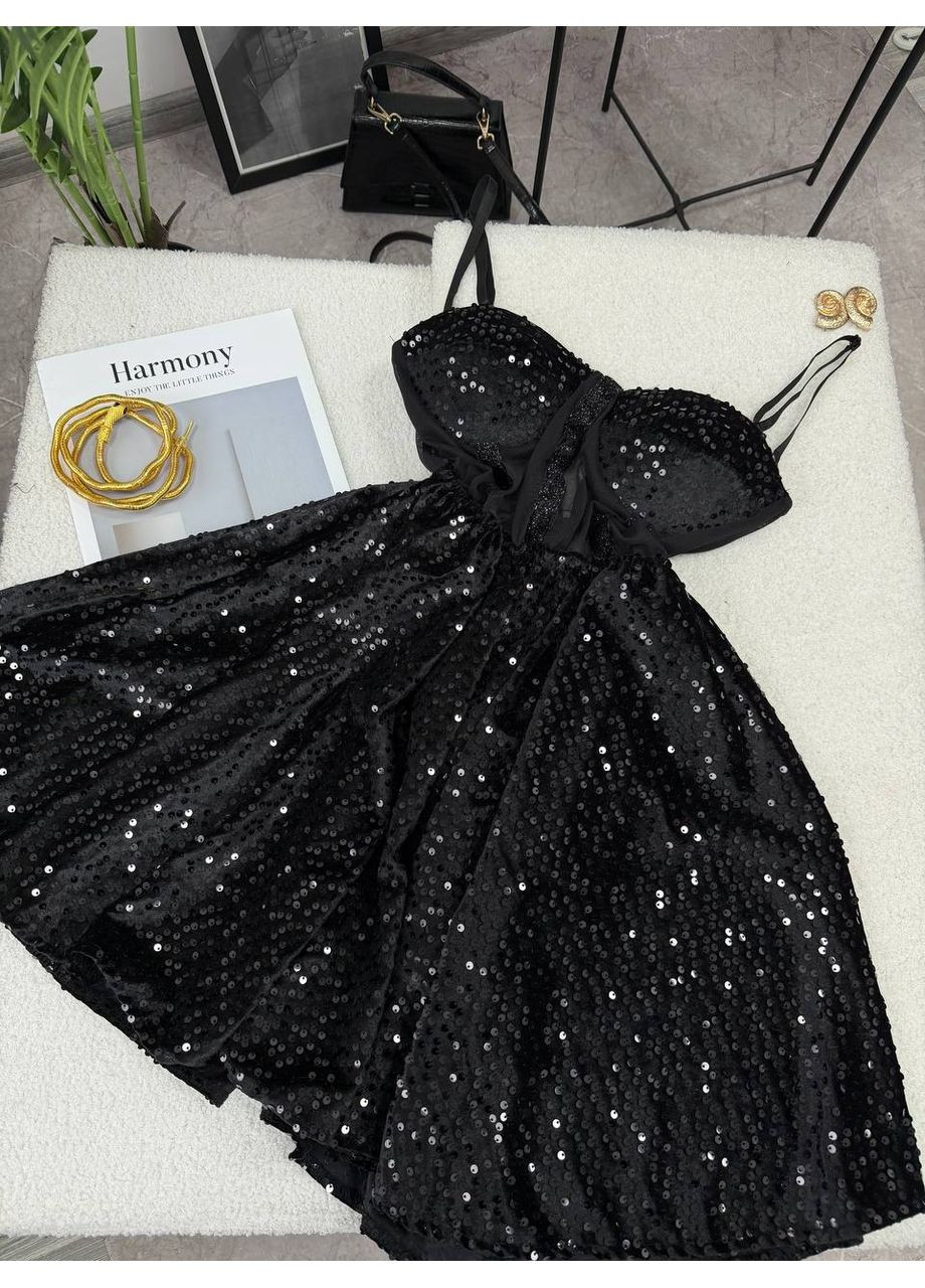 Чорна святковий святкова сукня з корсетним верхом та пишною спідницею з паєток — заміри в описі силуетна DK/DL Мода без кордонів однотонна