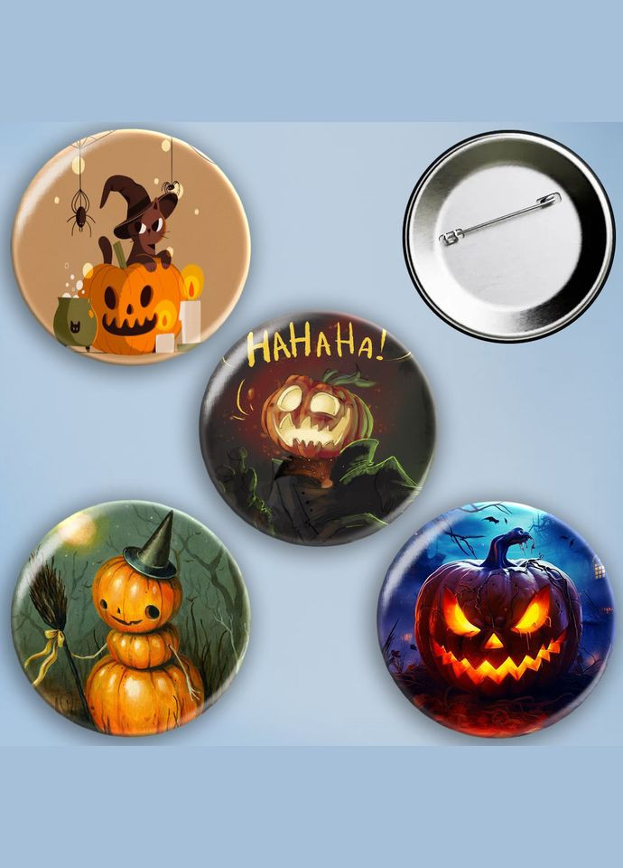 Значки на булавке набор 4 шт Halloween #3 Хэллоуин металлические на шпильке 56 мм No Brand (303108224)